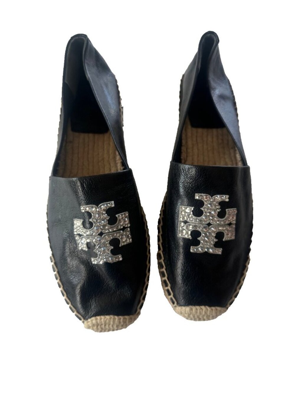 Tory Burch Sz 8 Black Leather Embellished Espadrille Logo Luxury